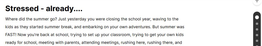 Screenshot of a text titled "Stressed - already...." discussing the transition from summer break to going back to school, including activities like meeting with parents and attending meetings.
