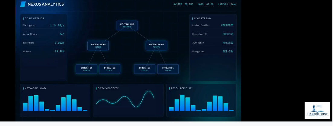 Digital dashboard displaying network analytics including core metrics, network load, data velocity, resource distribution, and live stream information with diagrams of network nodes and streams.