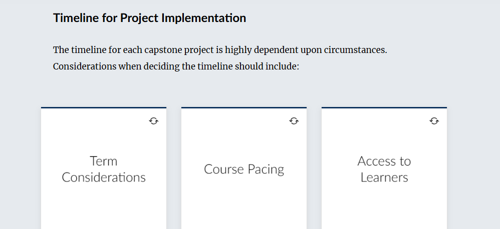 Screenshot of a presentation slide titled 'Timeline for Project Implementation' discussing considerations like term, course pacing, and access to learners.