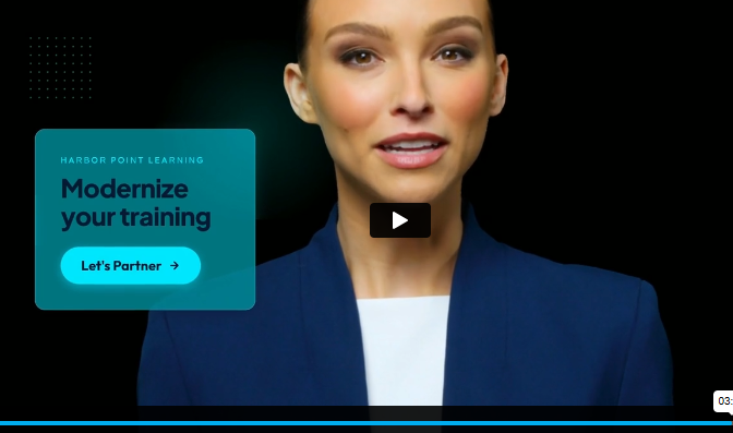 A woman in a blazer speaking, with a youtube play button overlay, and a blue promotional box that reads 'Harbor Point Learning, Modernize your training, Let's Partner'.
