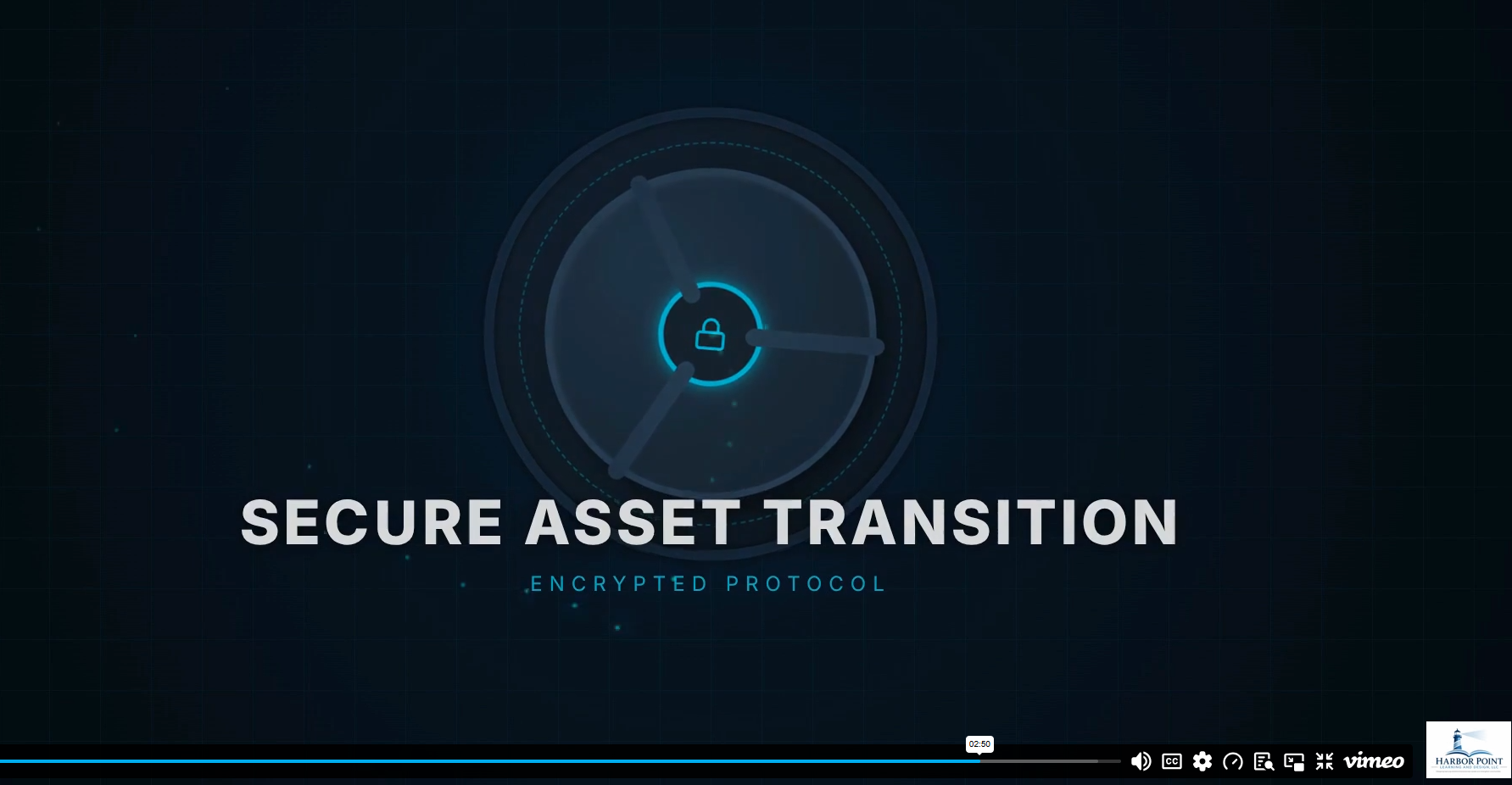 Futuristic digital lock icon with concentric circles, indicating secure asset transition, on a dark blue background with grid lines and small data points, with the text 'SECURE ASSET TRANSITION' and 'ENCRYPTED PROTOCOL' below.