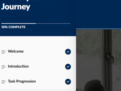 Screenshot of a digital learning platform displaying a progress journey, with a 50% completion bar and sections labeled Welcome, Introduction, and Task Progression, each with checkmarks.