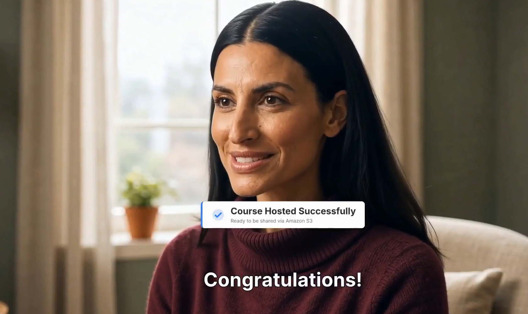 A woman with long black hair sitting in a room with beige curtains and a window behind her, smiling. There is a notification overlay that says 'Course Hosted Successfully' and a subtitle that reads 'Congratulations!'