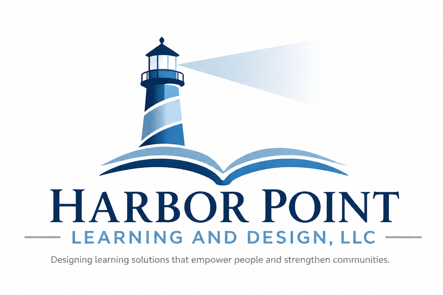 Logo for Harbor Point Learning and Design LLC featuring a blue lighthouse with a beam of light directed to the right, above an open book, with the company name and slogan underneath.
