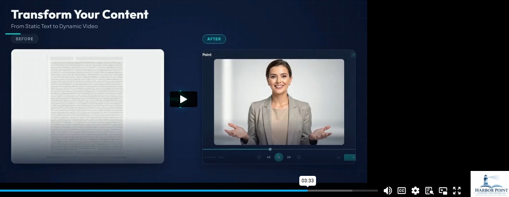 Comparison of a document transforming into a video with a smiling woman in a blazer explaining content.