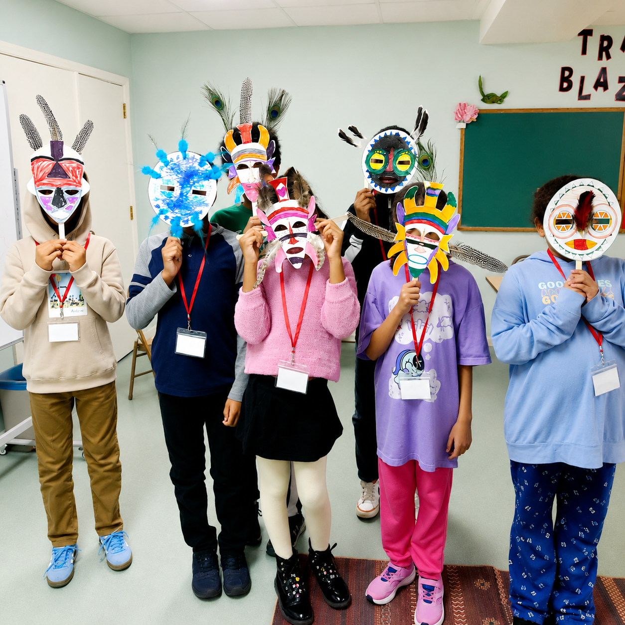 Children wearing colorful masks with feathers during an arts and crafts activity in a classroom.
