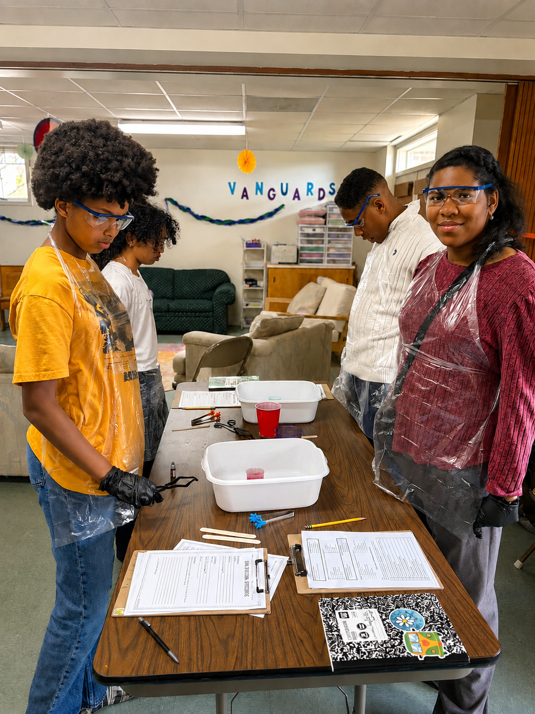 Four young people wearing safety goggles and plastic gloves stand around a table with science supplies, including clipboards, papers, and plastic containers, inside a room decorated with banners reading 'VANGUARDS'.