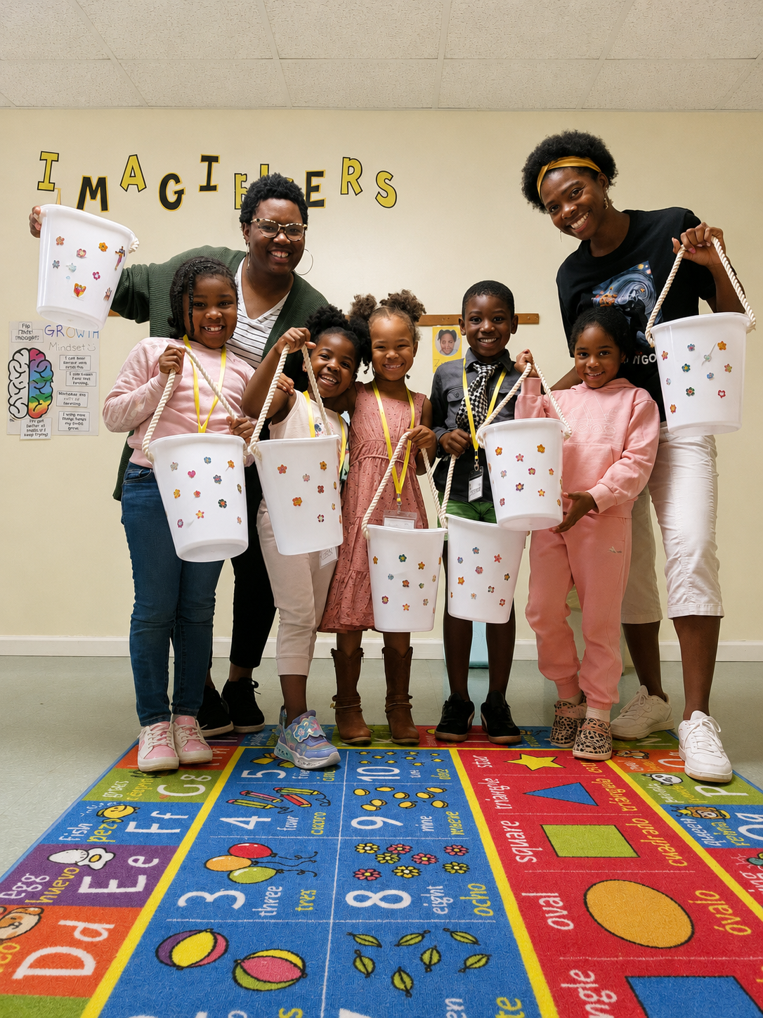 A group of children and two adults standing inside a classroom, holding buckets decorated with stickers, smiling at the camera.