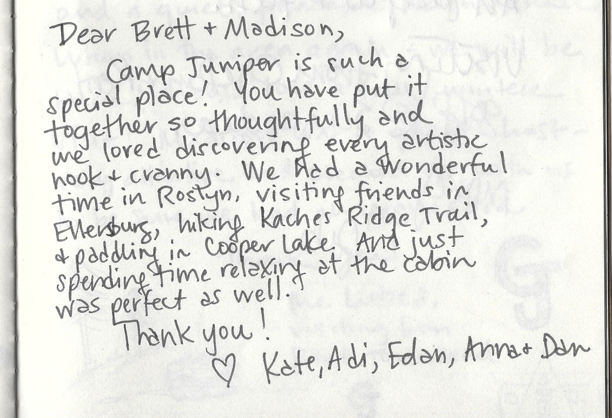 Handwritten letter addressed to hosts, describing a trip to Camp Juniper, visiting Roslyn, Ellensburg, Kachess Ridge Trail, and Cooper Lake, with mentions of art, relaxing, and a thank you from guests.