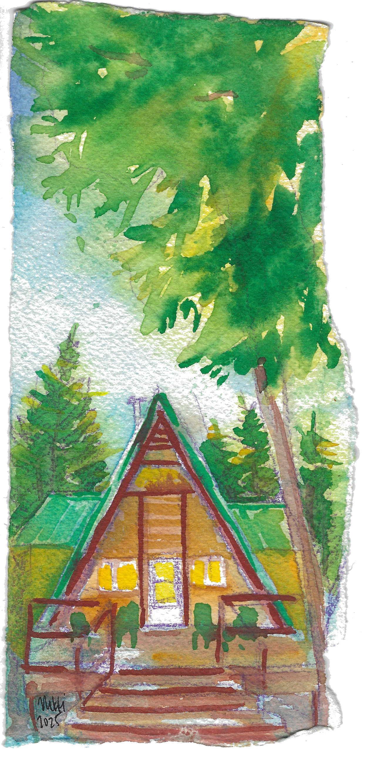 Watercolor painting of an A-frame cabin with a green roof, surrounded by tall trees and mountains in the background.