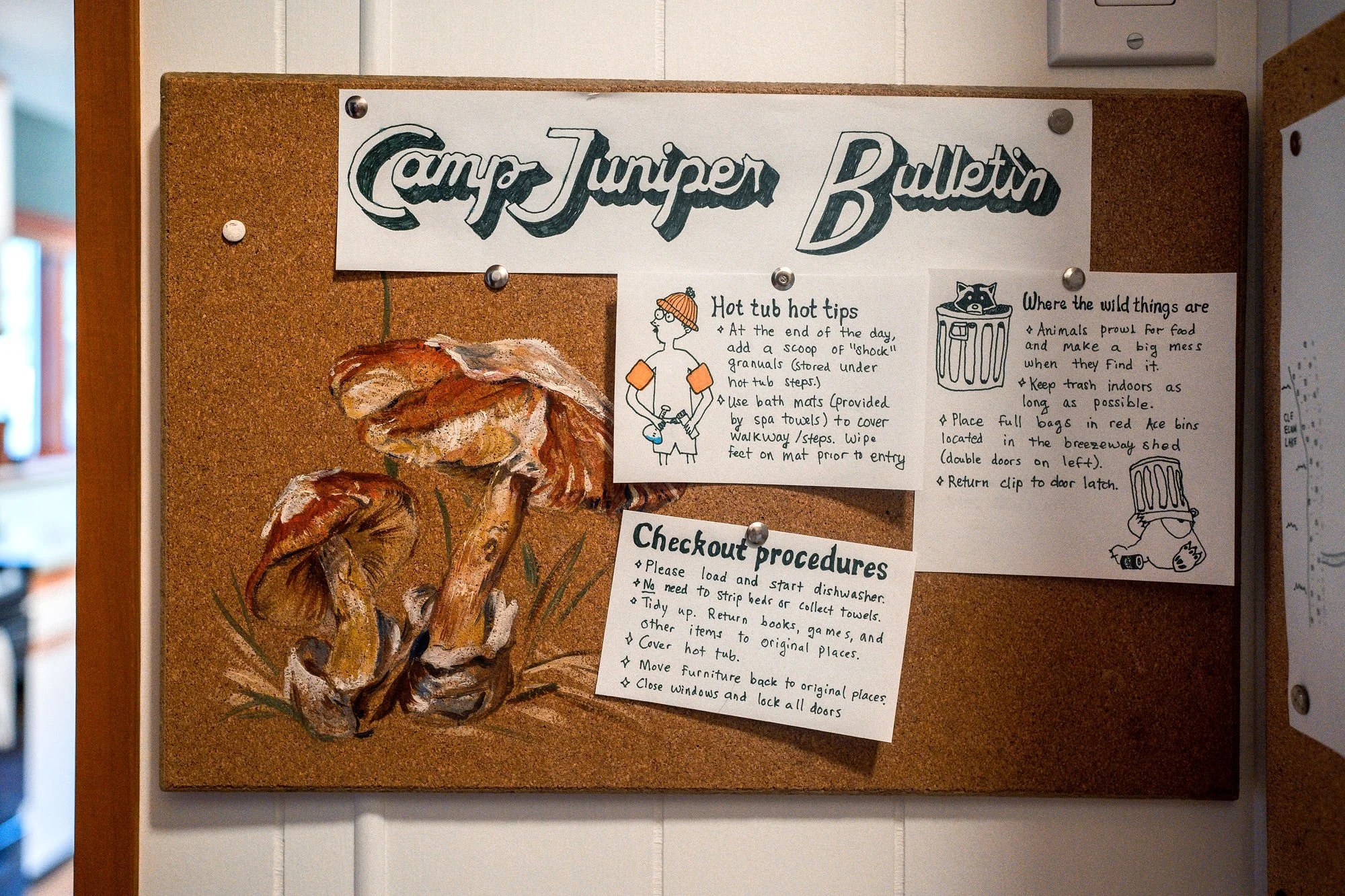 Camp bulletin board with mushrooms