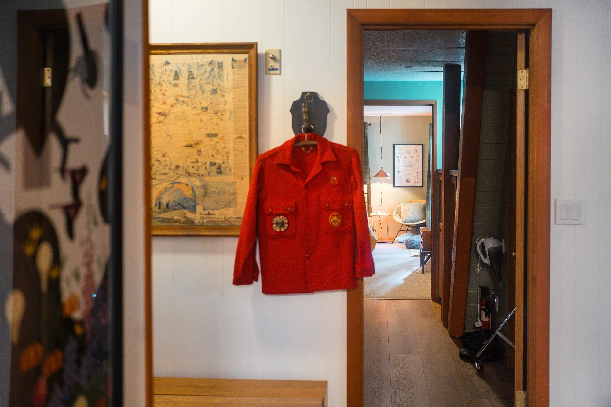 A-frame cabin entryway interiors scout jacket
