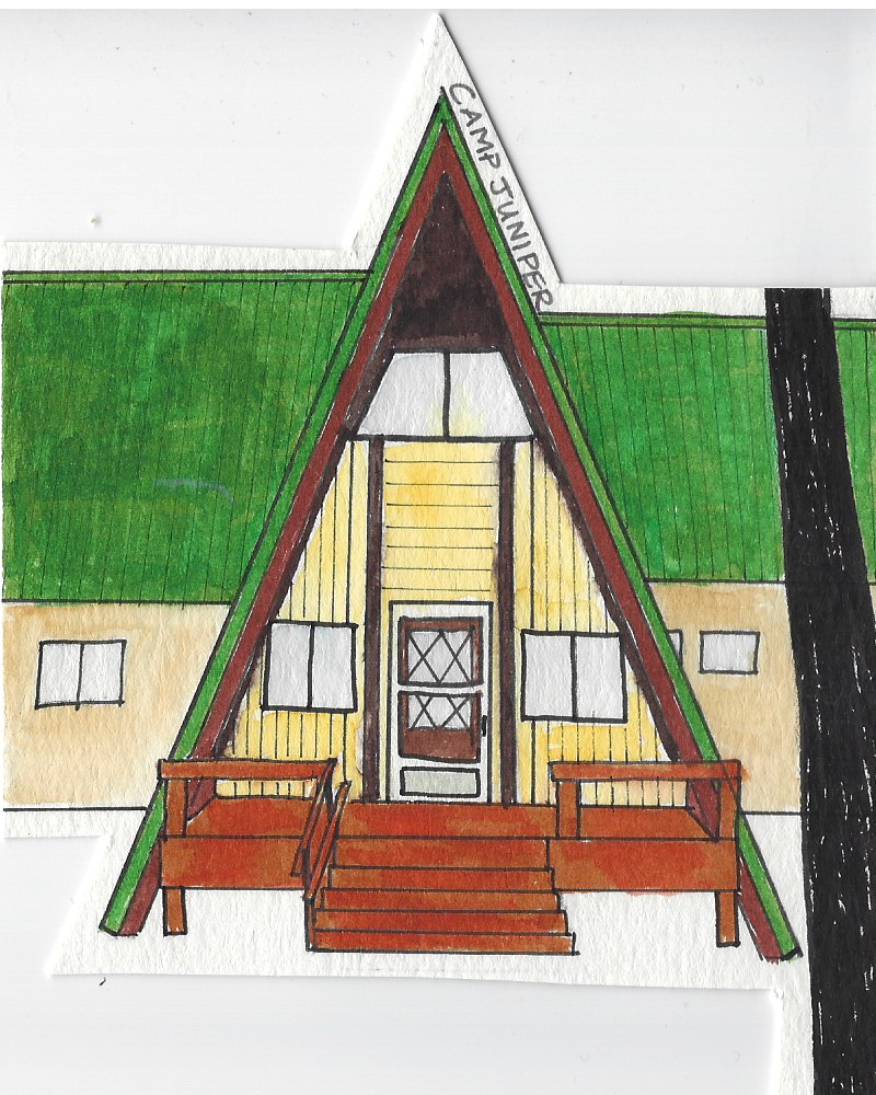 A colorful drawing of an A-frame cabin with a porch, stairs, and a front door, surrounded by trees, with the words 'Camp Juniper' written on the top of the A-frame.