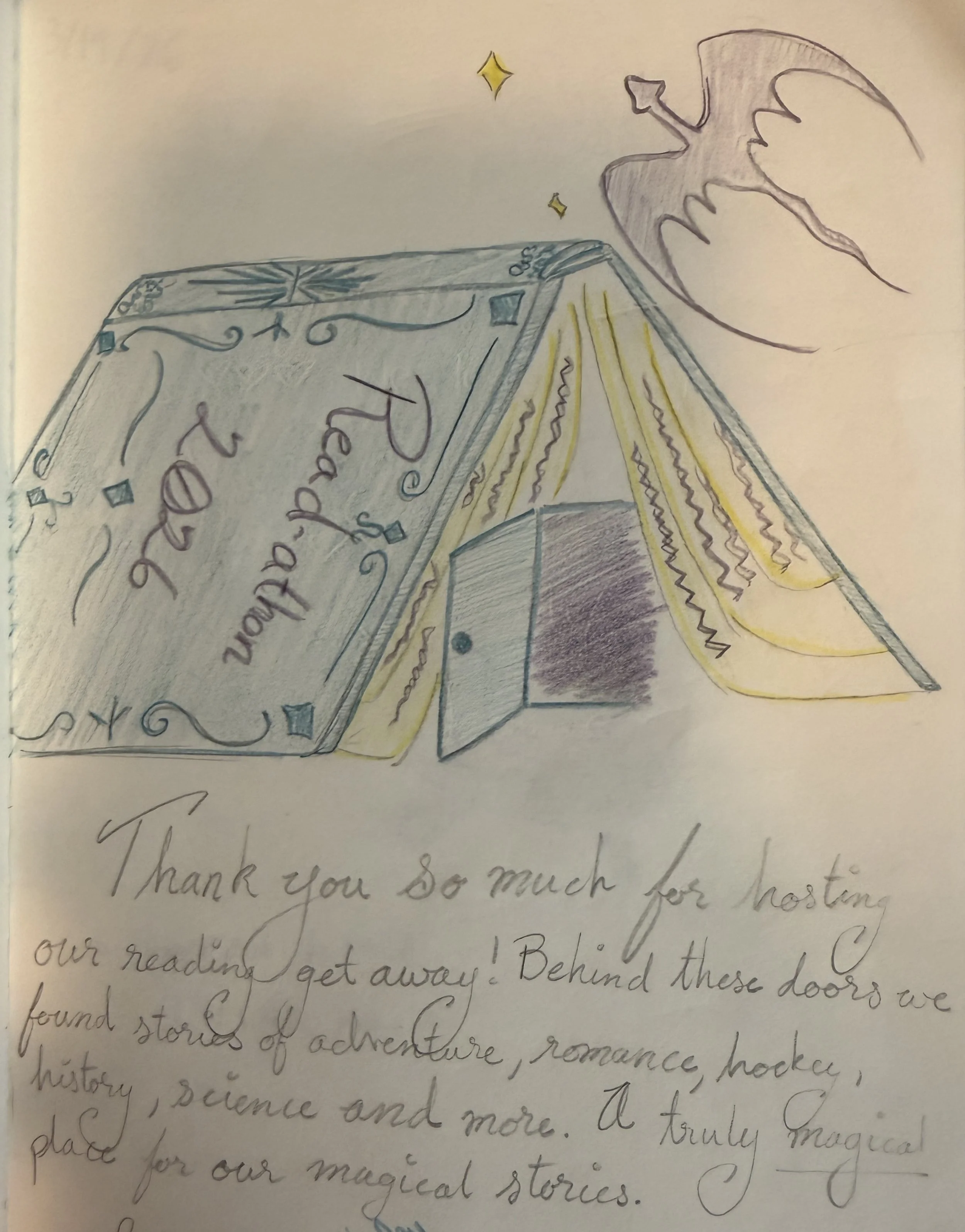A hand-drawn illustration of a decorated card with the words "Thank you so much for hosting me!" written on it. The card has ornate blue and yellow embellishments, a large yellow star, and a bat with outstretched wings flying nearby.