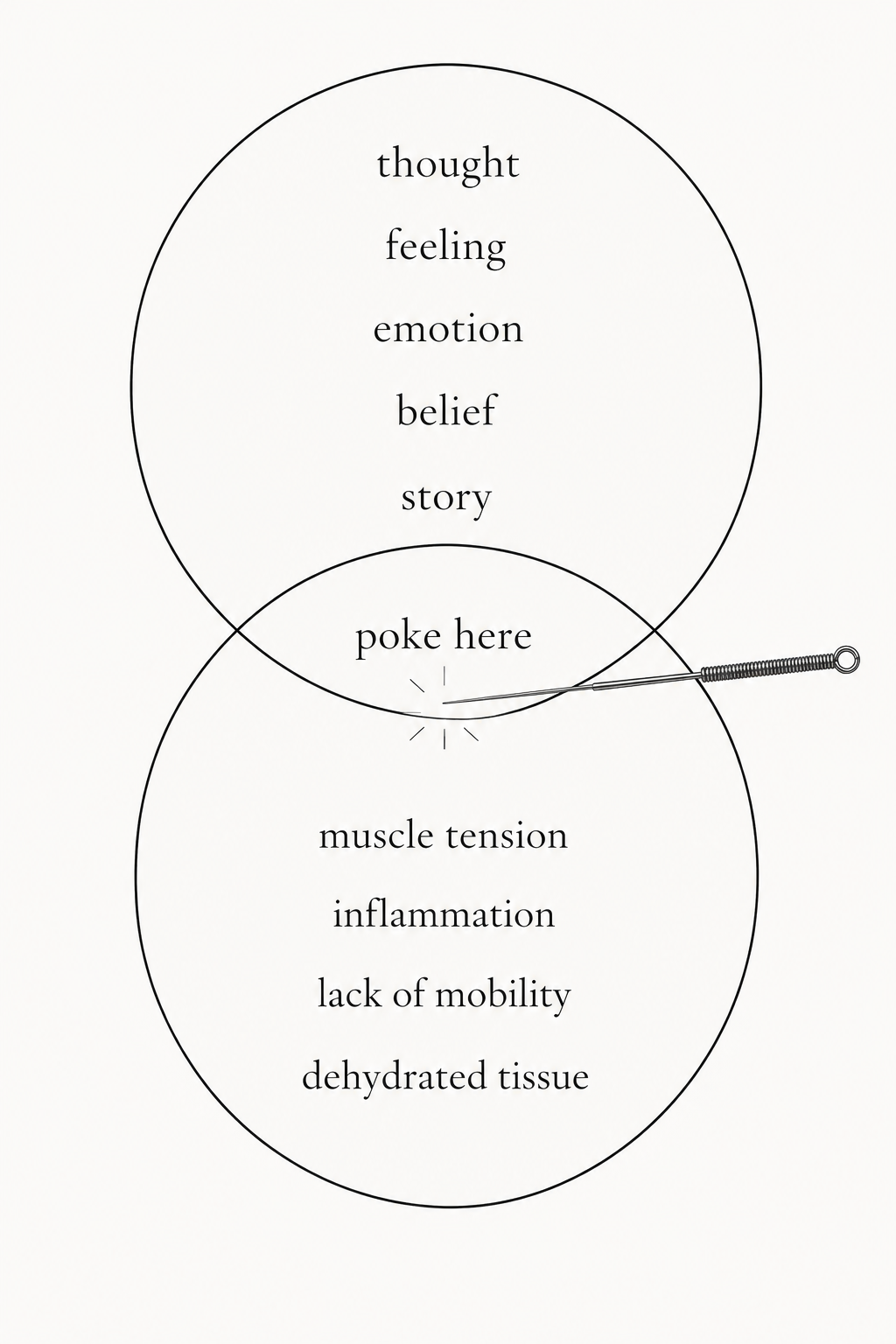 A Venn diagram with two overlapping circles, one labeled 'thought, feeling, emotion, belief, story' and the other labeled 'muscle tension, inflammation, lack of mobility, dehydrated tissue'. In the intersection, there is a pin with a caption 'poke here' next to it.