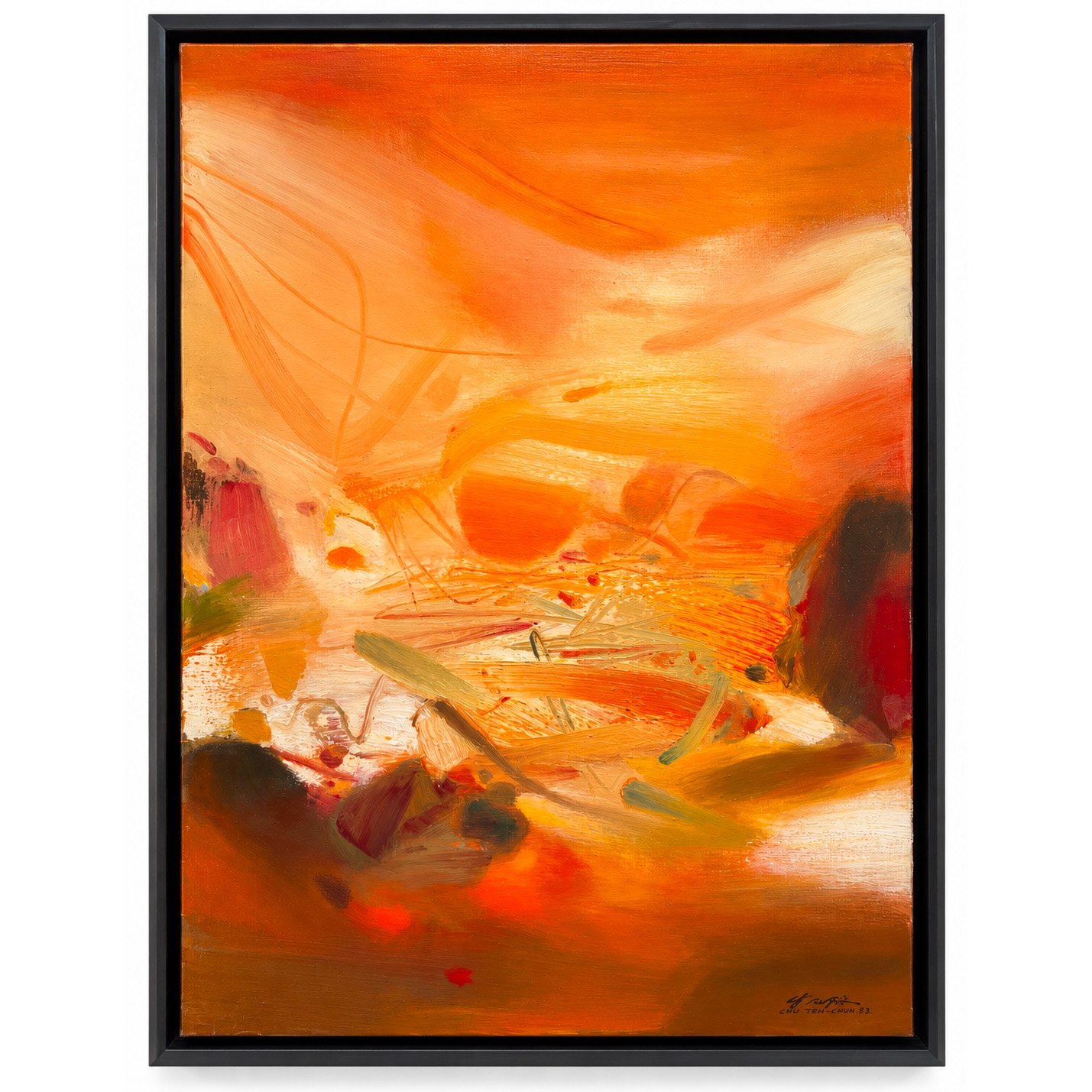 Chu Teh-Chun, Le Crépuscule, 1983, huile sur toile, 92 × 65 cm. Vue de face de l’œuvre abstraite aux tonalités orange, ocre et lumineuses.