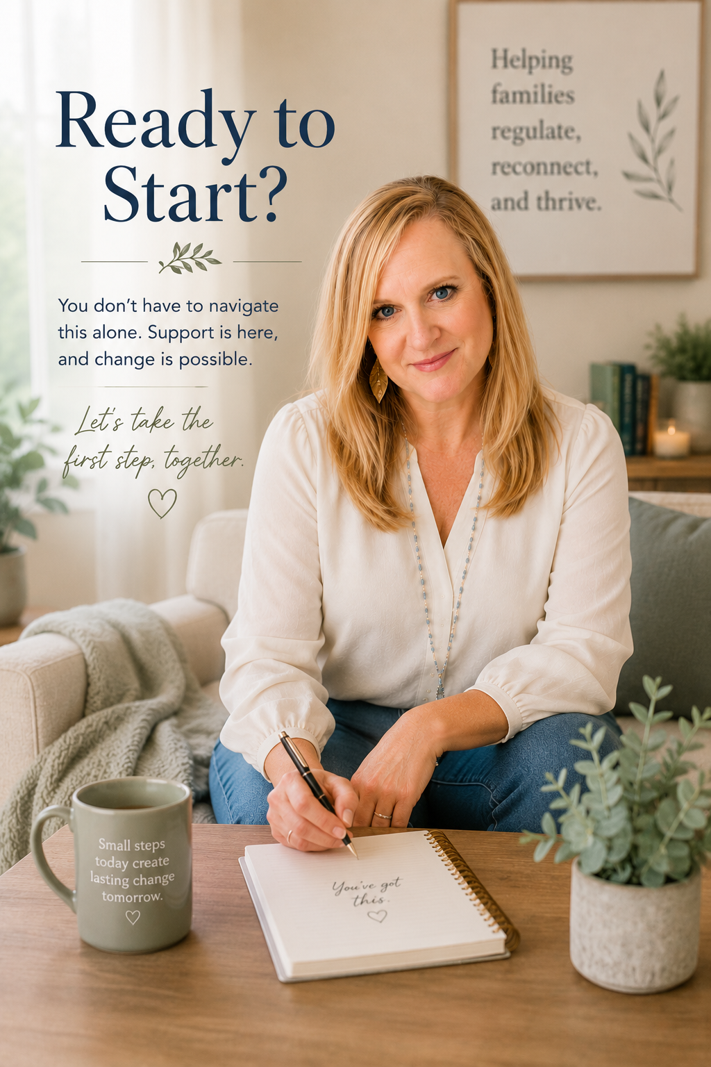 A woman sitting at a wooden table in a cozy, well-lit room, smiling and holding a pen over an open notebook that says 'You've got this.' There is a mug with the phrase 'Small steps today create lasting change tomorrow' and a potted plant on the table. Behind her, a framed sign reads 'Helping families regulate, connect, and thrive.'