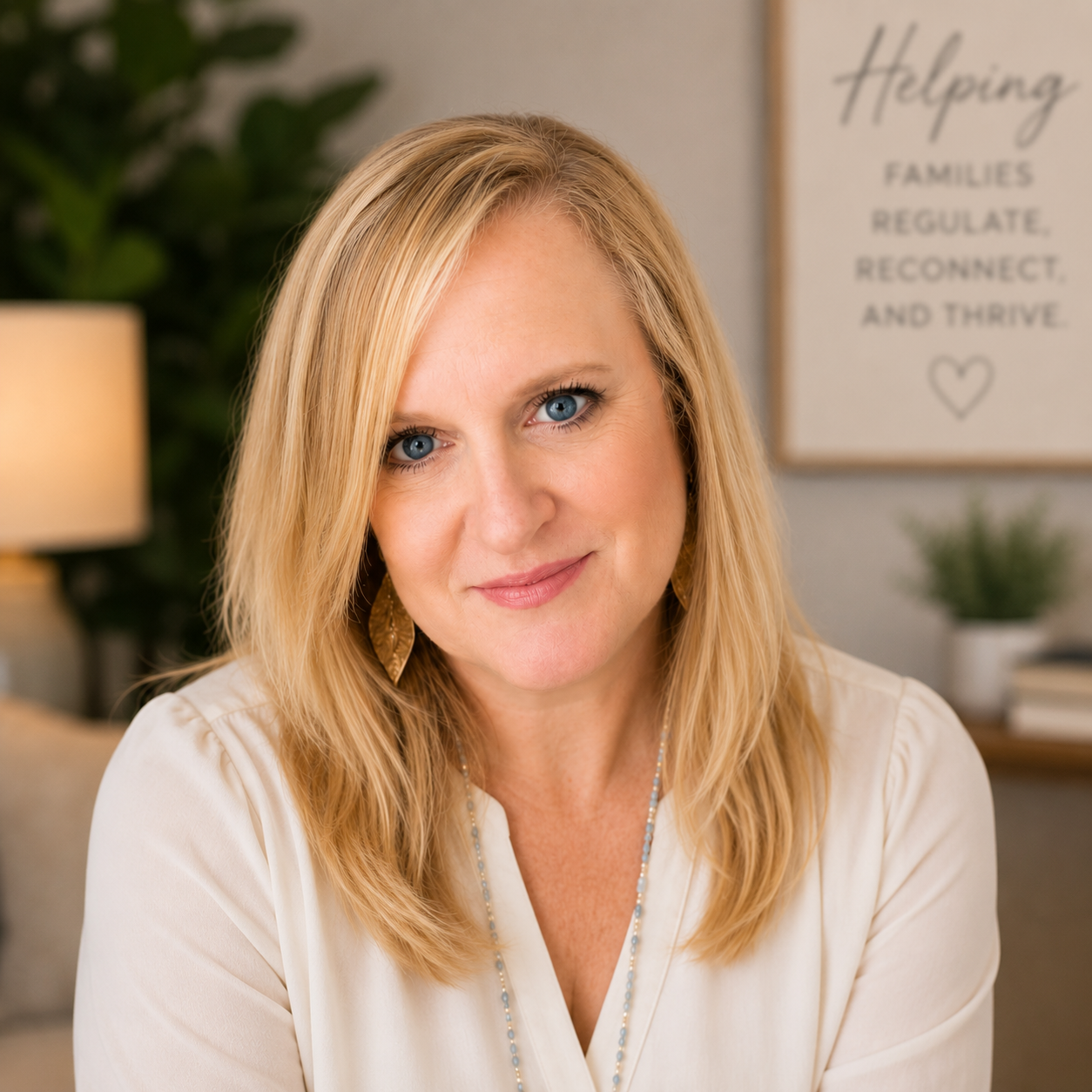 A woman with blonde hair and blue eyes smiling in a cozy room, with a blurred sign in the background reading 'Helping families regulate, reconnect, and thrive'.