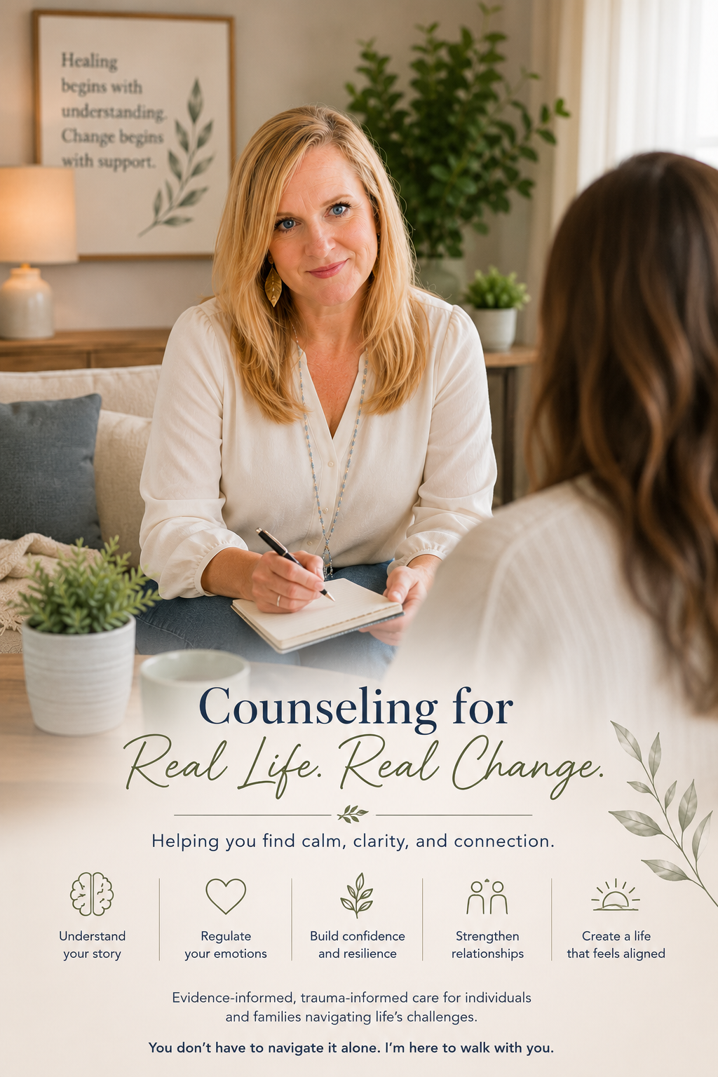 A woman in a counseling office talking to a client, with a framed quote on the wall behind her, a lamp, plants, and cushions on a sofa.