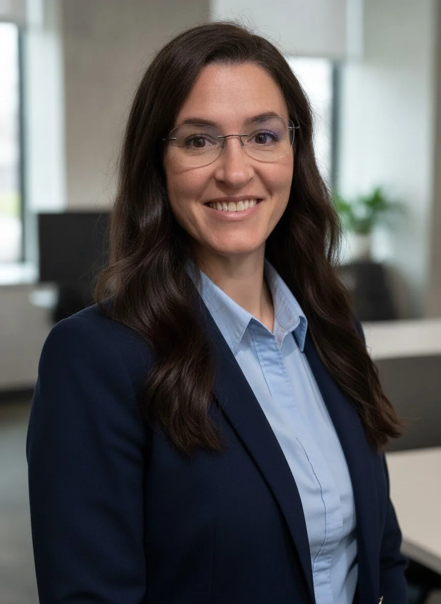 A professional woman with long brown hair, glasses, and a blue suit smiling in an office setting with desks and windows in the background.