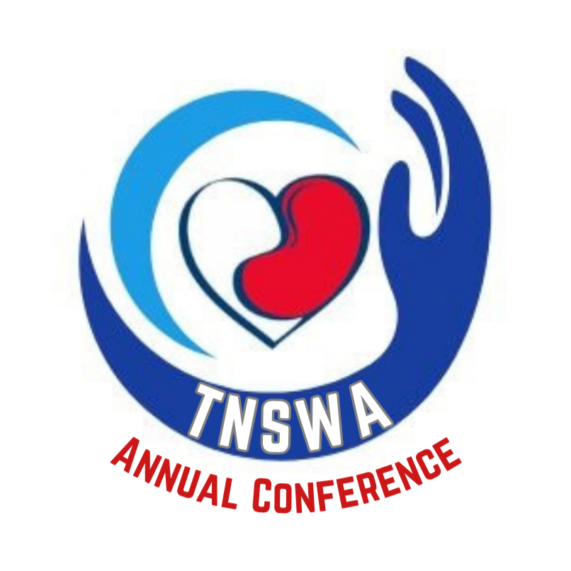 Logo for TNSWA Annual Conference featuring a stylized mountain, a heart, and a hand, with red and blue colors.