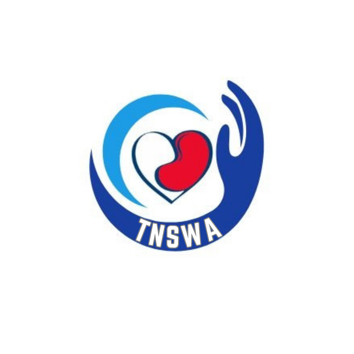 Logo of TNSWA with a stylized heart and a hand surrounding it in blue, red, and black colors.