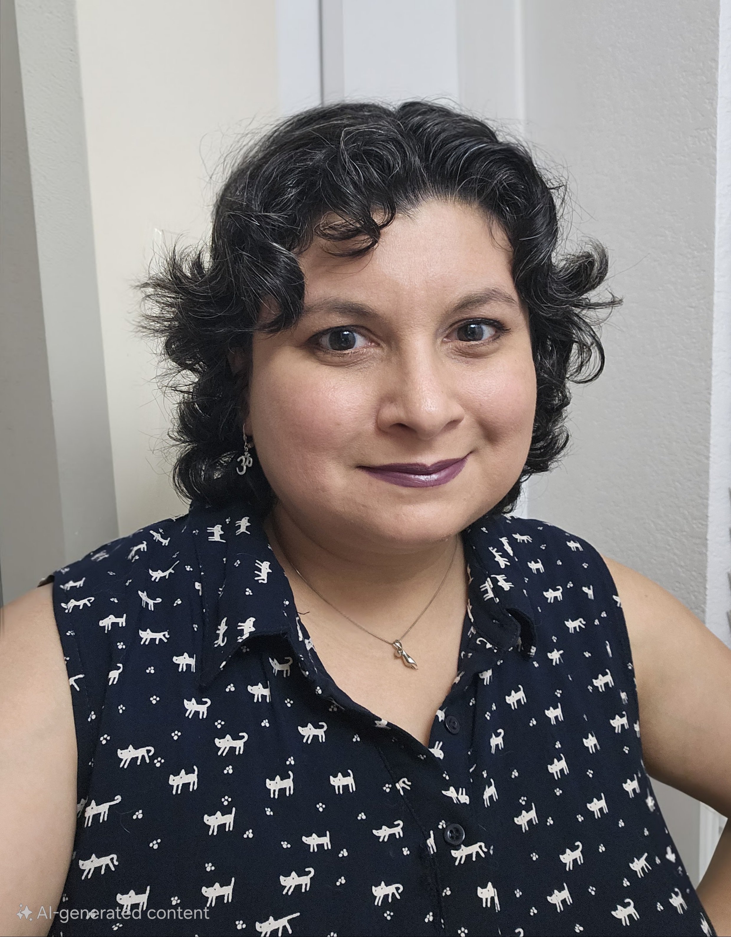 A woman with dark curly hair, wearing a navy sleeveless button-up shirt with white animal prints, a necklace with a shark pendant, and earrings. She is standing in a room with white walls.