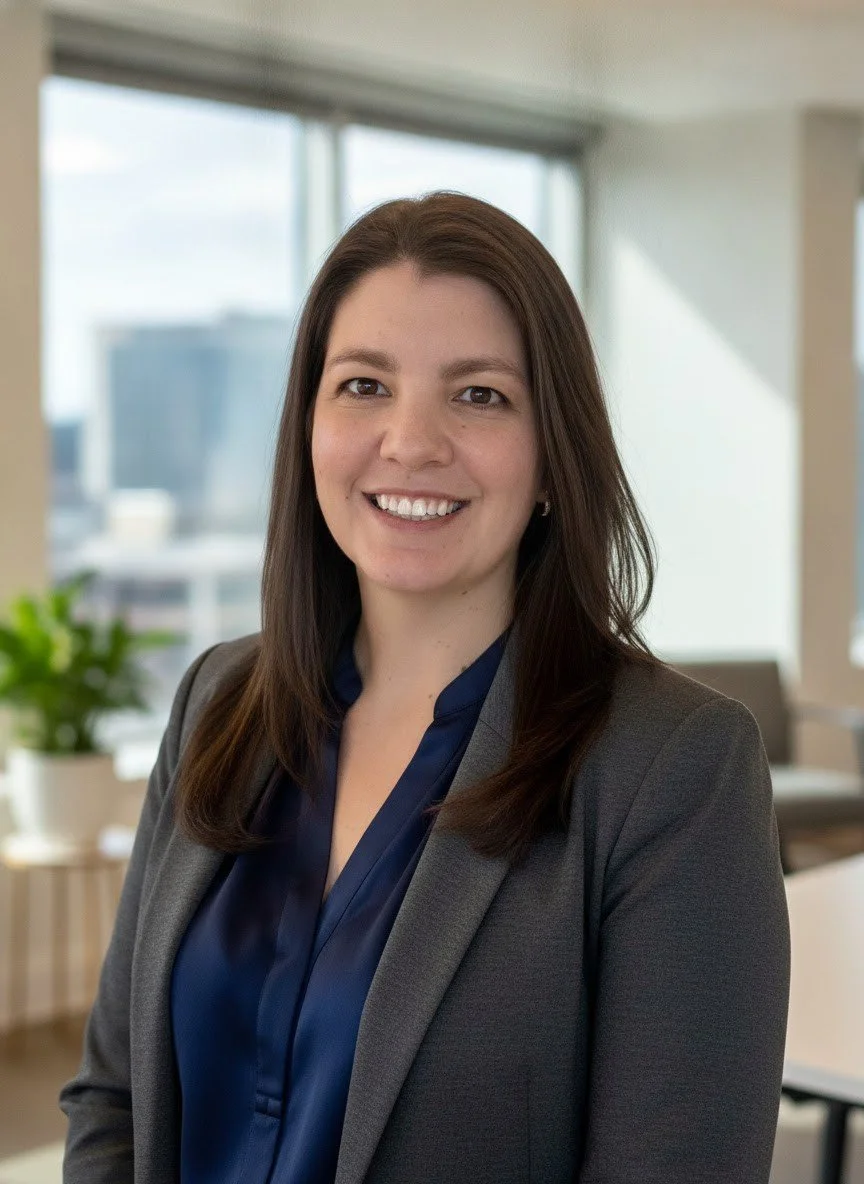 Professional woman with brown hair smiling in an office space with large windows and a potted plant