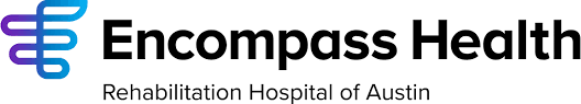 Logo of Encompass Health Rehabilitation Hospital of Austin, featuring a blue and purple abstract icon and black text.