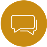 Icon of a speech bubble on a gold circular background.