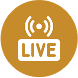 Live broadcast icon with a signal and the word 'LIVE' in white on a gold background.