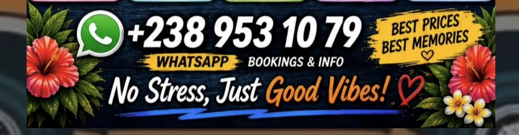 Banner advertisement with a WhatsApp contact number, featuring tropical flowers and text about stress-free bookings, good vibes, best prices, and memories.