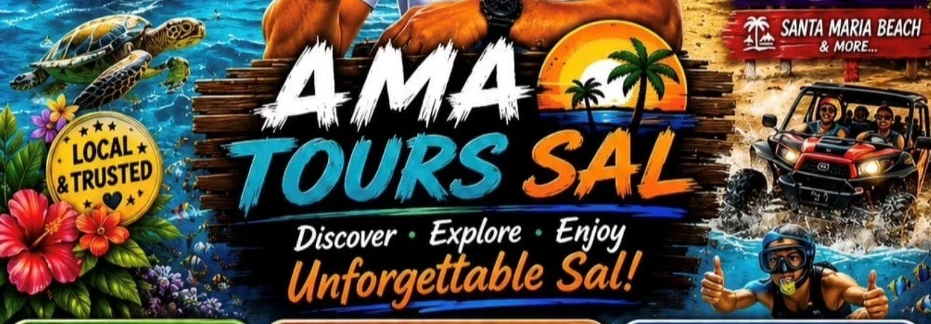 Promotional banner for AMA Tours Sale featuring tropical scenery, a turtle, colorful flowers, a sunset with palm trees, and outdoor adventure activities like off-road driving and water sports.
