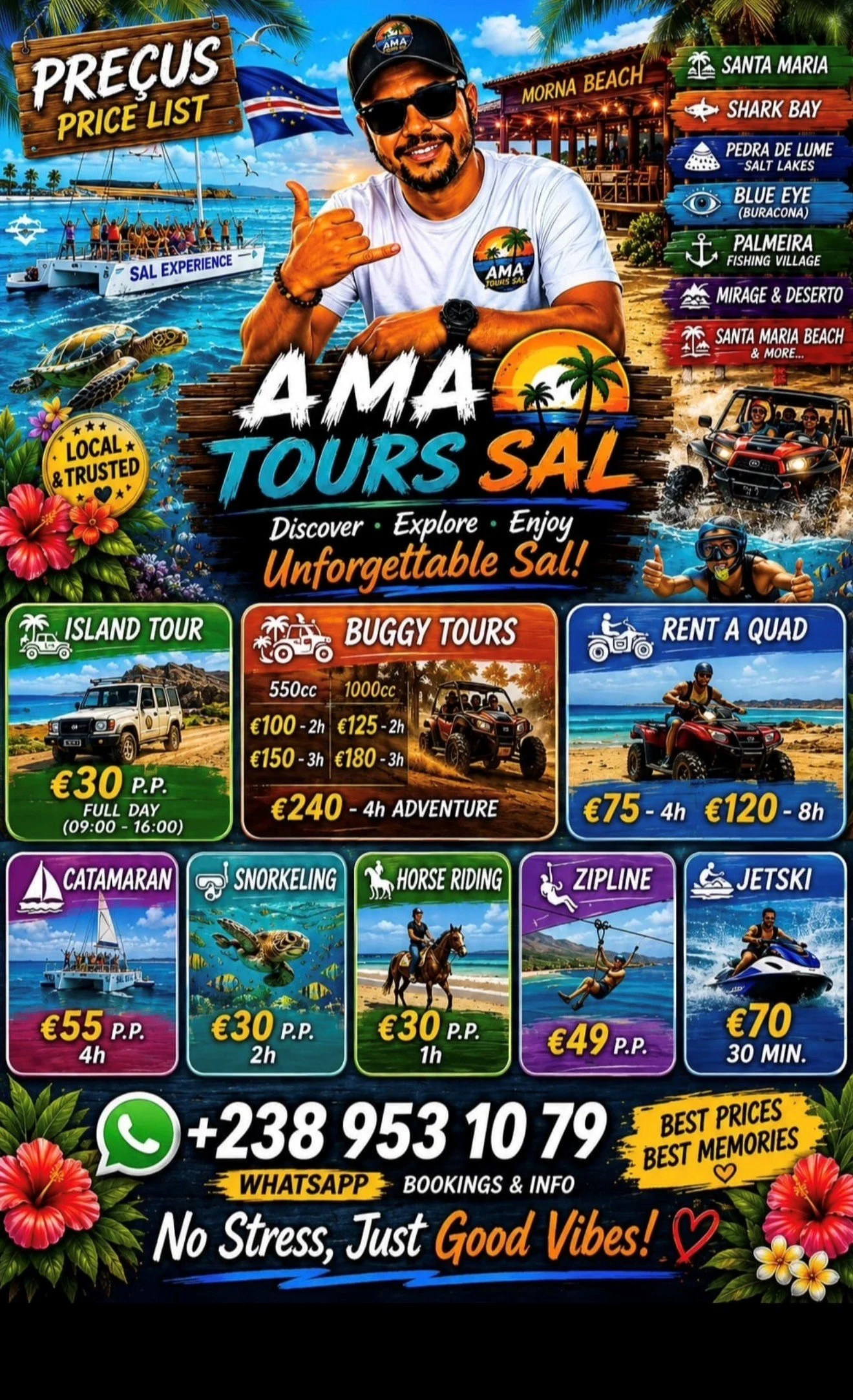 Travel advertisement for AMA Tours SAL showing various local excursions in a tropical beach setting. The image features a smiling man wearing sunglasses and a cap, with boats, a turtle swimming, vibrant flowers, and different adventure activities like island tours, buggy rides, jet skiing, ziplining, snorkeling, horse riding, catamaran cruises, and shark bay excursions. Pricing details for each activity are displayed, with contact information including a WhatsApp number.