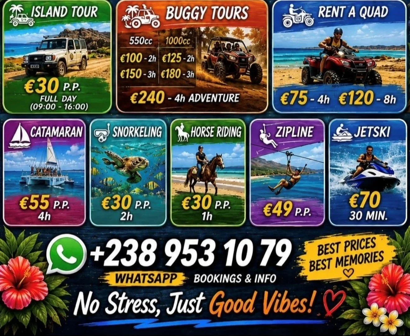 Travel and activity packages for a tropical island. Offers include island tours, buggy tours, quad rent, catamaran cruises, snorkeling, horse riding, zipline, and jet ski rides. Prices range from 30 to 240 euros, with contact info and promotional messages for stress-free fun.