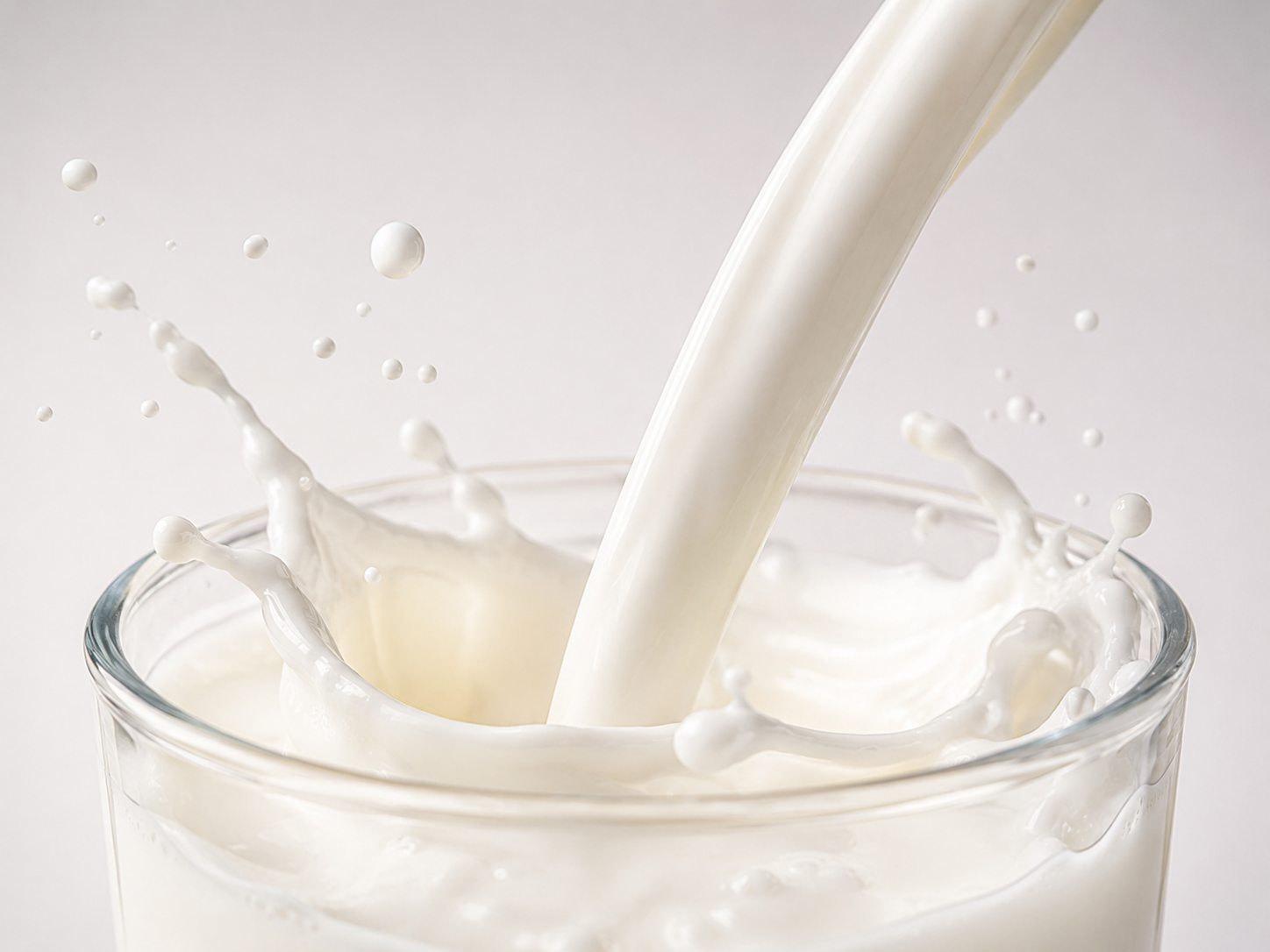Pouring milk into a glass, creating splashes and droplets.