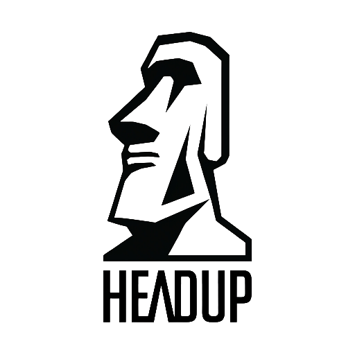 A black line drawing of a head with a prominent nose and chin, facing left, with the word 'HEAD UP' beneath.