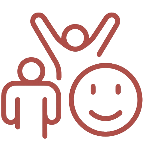Line drawing of a person, a smiling face, and a person jumping or celebrating.