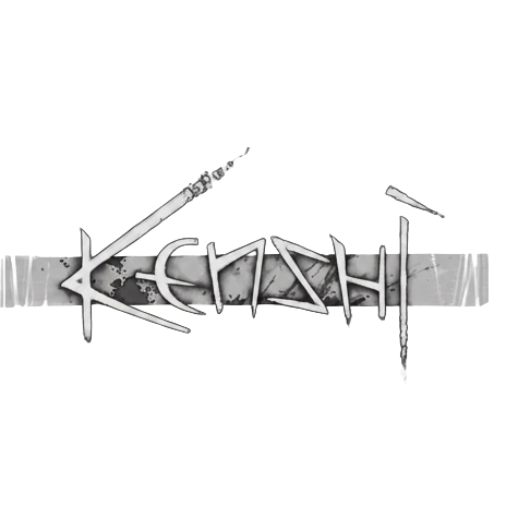 The word 'Kenshi' written in stylized, metallic graffiti with a sword piercing through the text on a dark background.