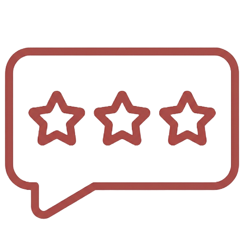 A pink social media comment bubble with three star icons inside.