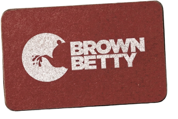 Red rectangular card with a white logo of a moon and a leaping rabbit silhouette, and the text "BROWN BETTY" in bold white letters.
