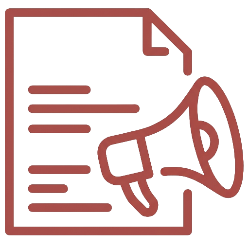 A paper document with lines of text and a megaphone icon overlapping it.