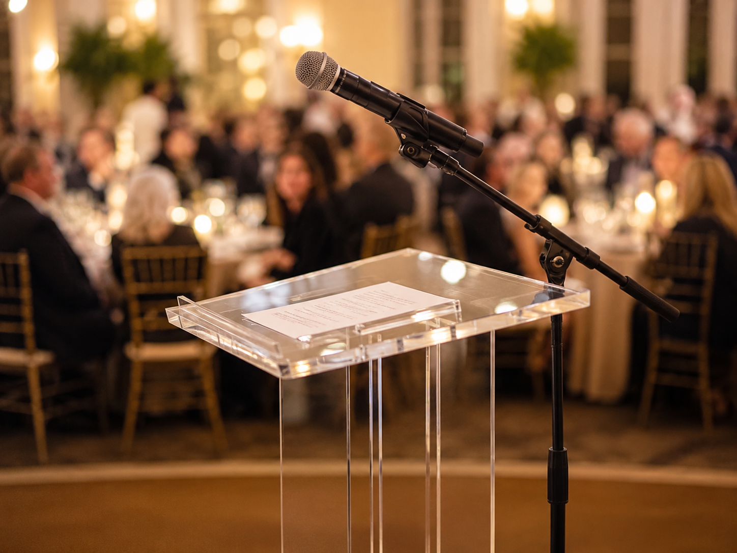 A microphone on a stand and a clear acrylic podium with a paper on top in front of a blurred audience of formally dressed people at a formal event or banquet.