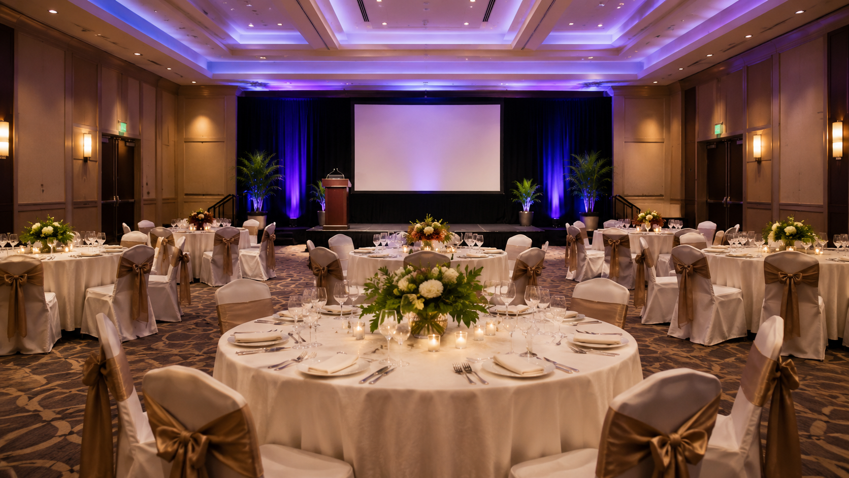 Elegant banquet hall set up for an event with round tables decorated with white tablecloths, floral centerpieces, candles, and illuminated with soft lighting. A stage with a large projection screen and potted plants is at the front.