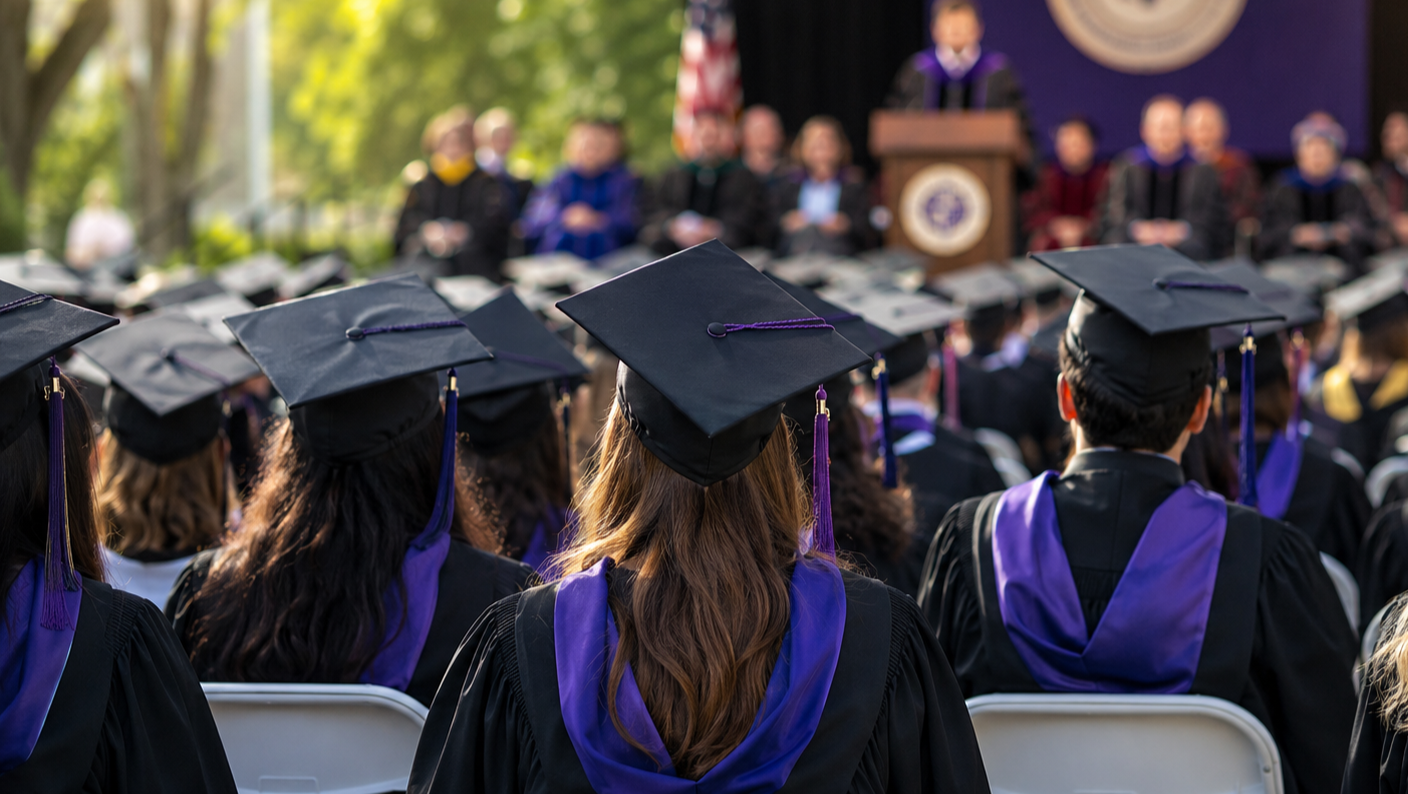 Graduates in black caps and gowns with purple stoles attending outdoor graduation ceremony