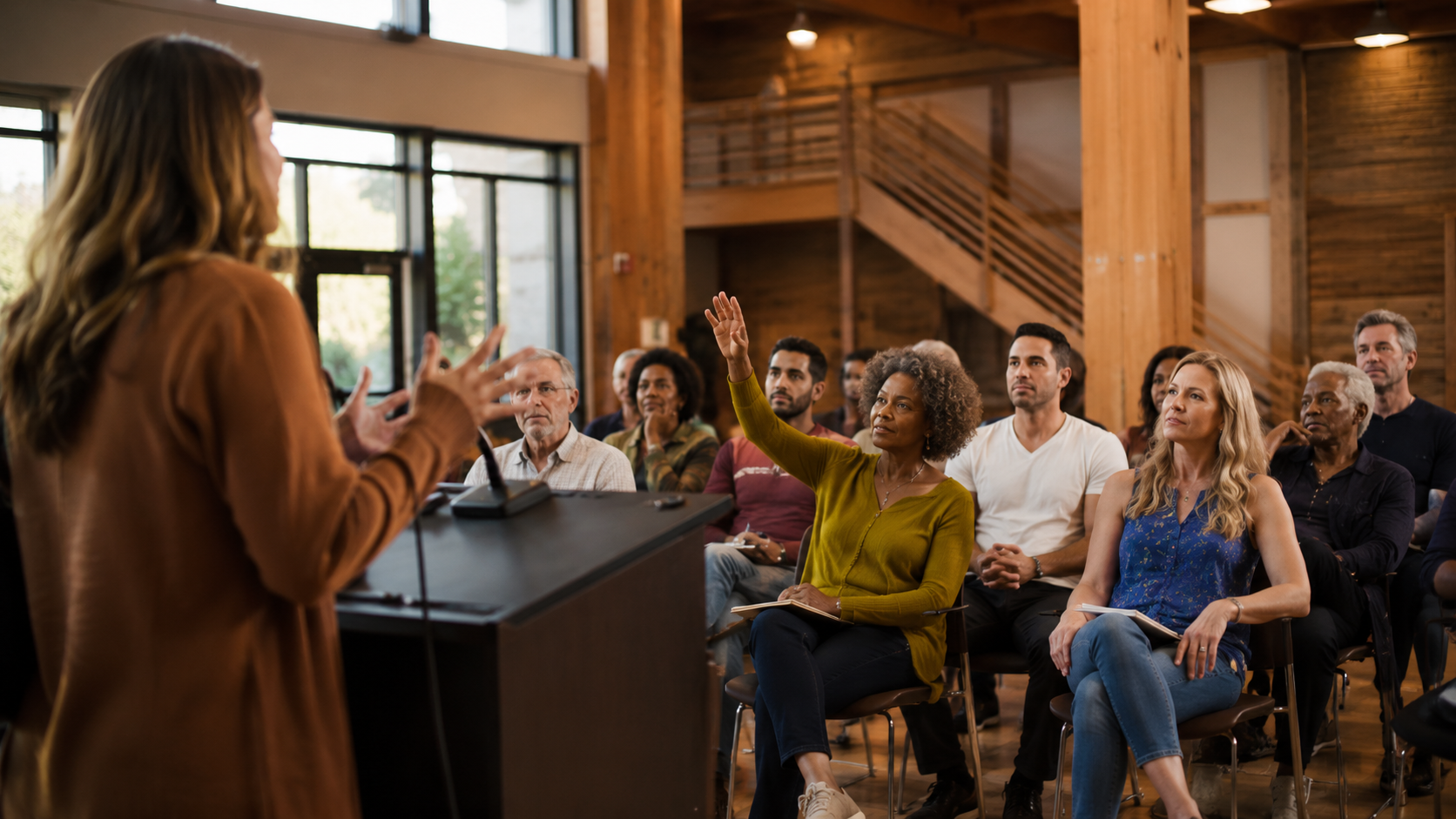 A woman speaker with long hair and a brown shirt presents at a podium in a room with wooden walls and elevated wooden staircase. She is engaging with a diverse audience, one person raising their hand to ask a question. The audience includes men and women of various ages and ethnicities, some taking notes, listening attentively.