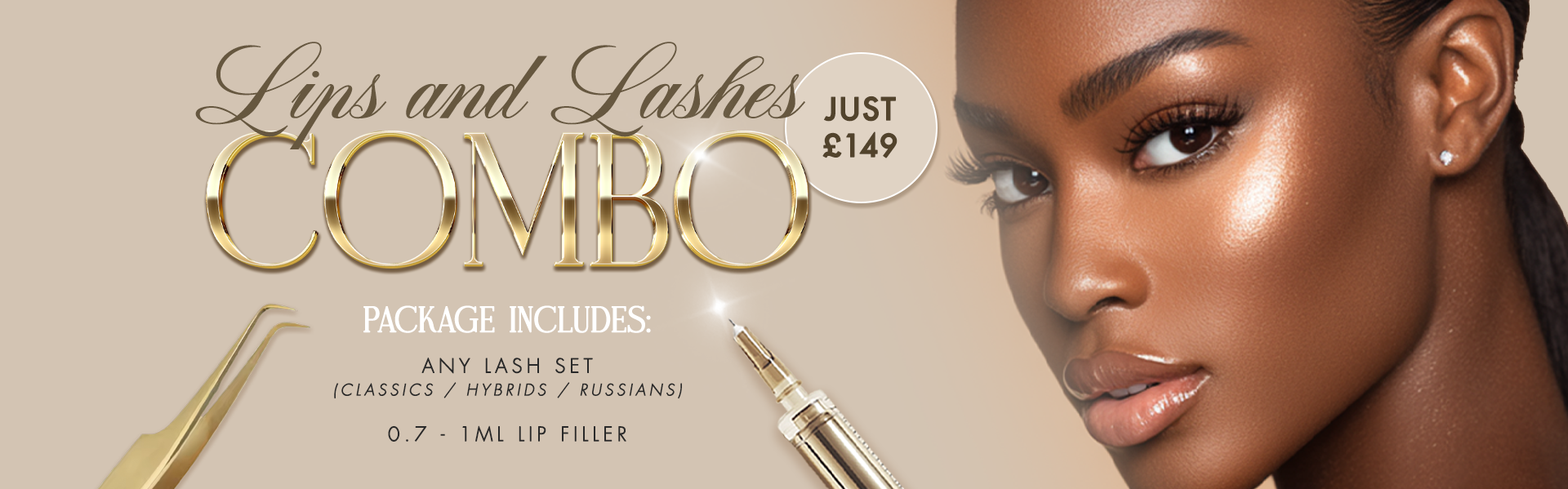 A promotional banner for a beauty treatment package featuring a close-up of a woman with polished skin, well-groomed eyebrows, and makeup, with text advertising a lips and lashes combo for £149, including any lash set and a 0.7-1 ml lip filler.