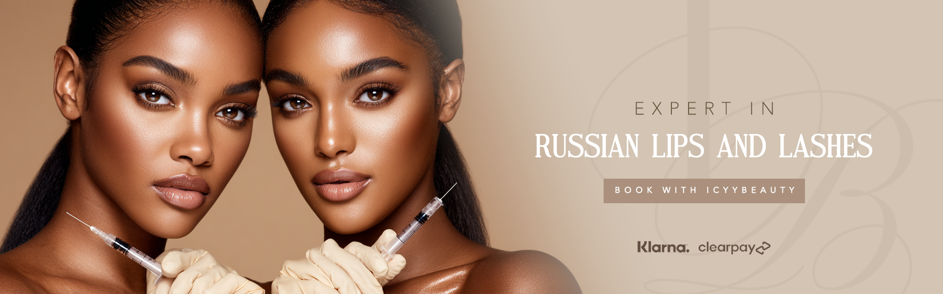 Two women with flawless skin holding syringes near their lips, promoting Russian lips and lashes procedures for a beauty clinic.