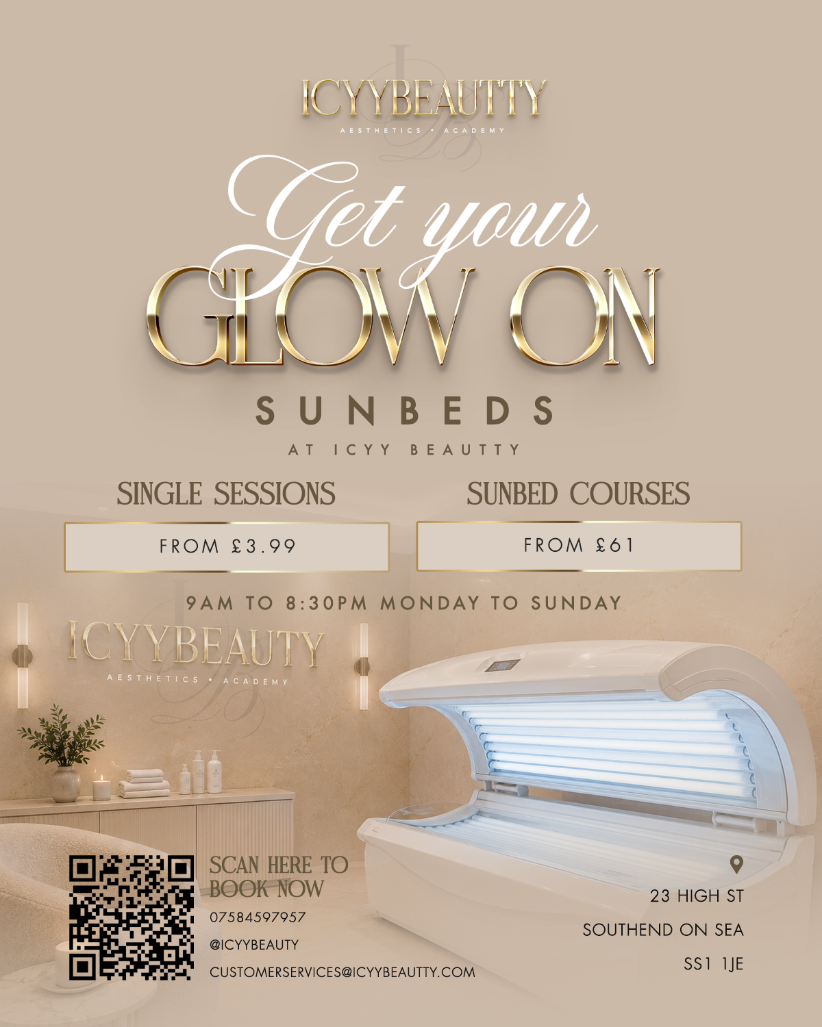 Advertisement for Icy Beauty Aesthetics Academy promoting sunbed tanning services, including single sessions starting at £3.99 and courses from £61, open Monday to Sunday from 9 am to 8:30 pm, with a photo of a sunbed machine in a spa-like setting.