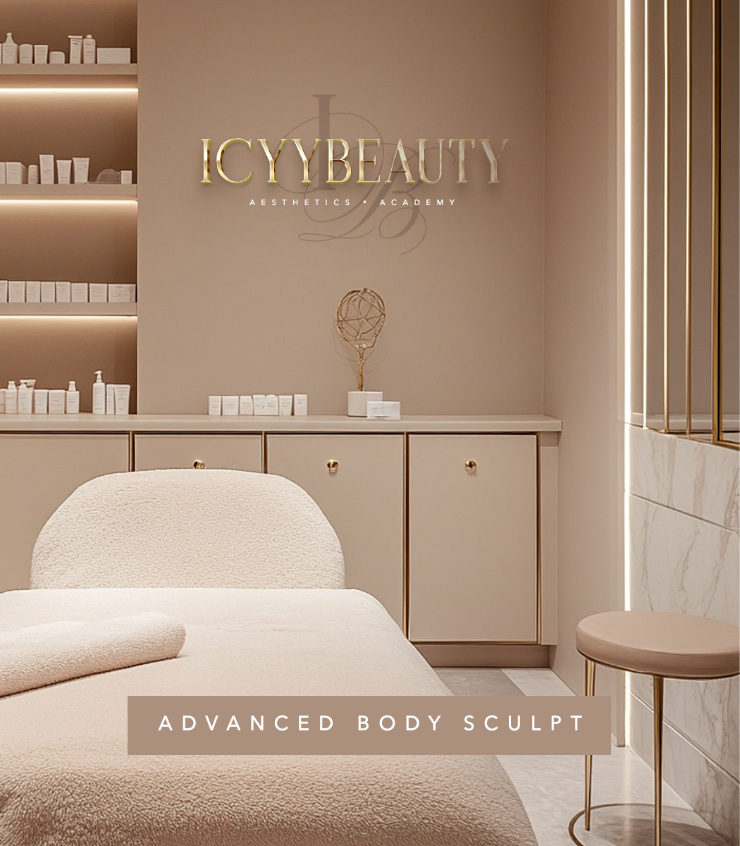 Interior of IcyBeauty Aesthetics & Academy with a beige treatment bed, a beige cabinet with gold knobs, and shelves with skincare products. There's a decorative wire sculpture on the counter and a logo on the wall behind.